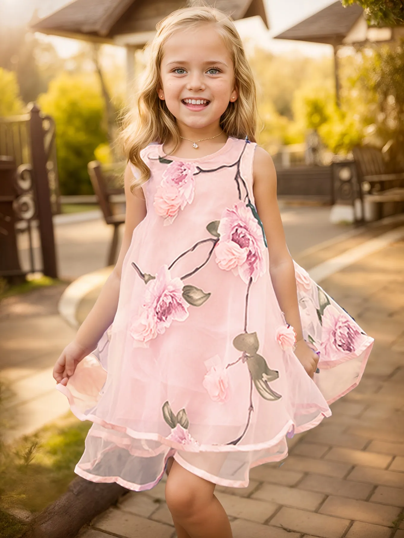 2-Layer Chiffon Sleeveless Floral Mesh Overlay Party Dress for Girls - Twist Details, Semi-Sheer, Loose Fit, Crew Neck, Brief Length, Non-Stretch Polyester, All-Season Wear, Casual Style - Perfect for Birthday and Summer Events