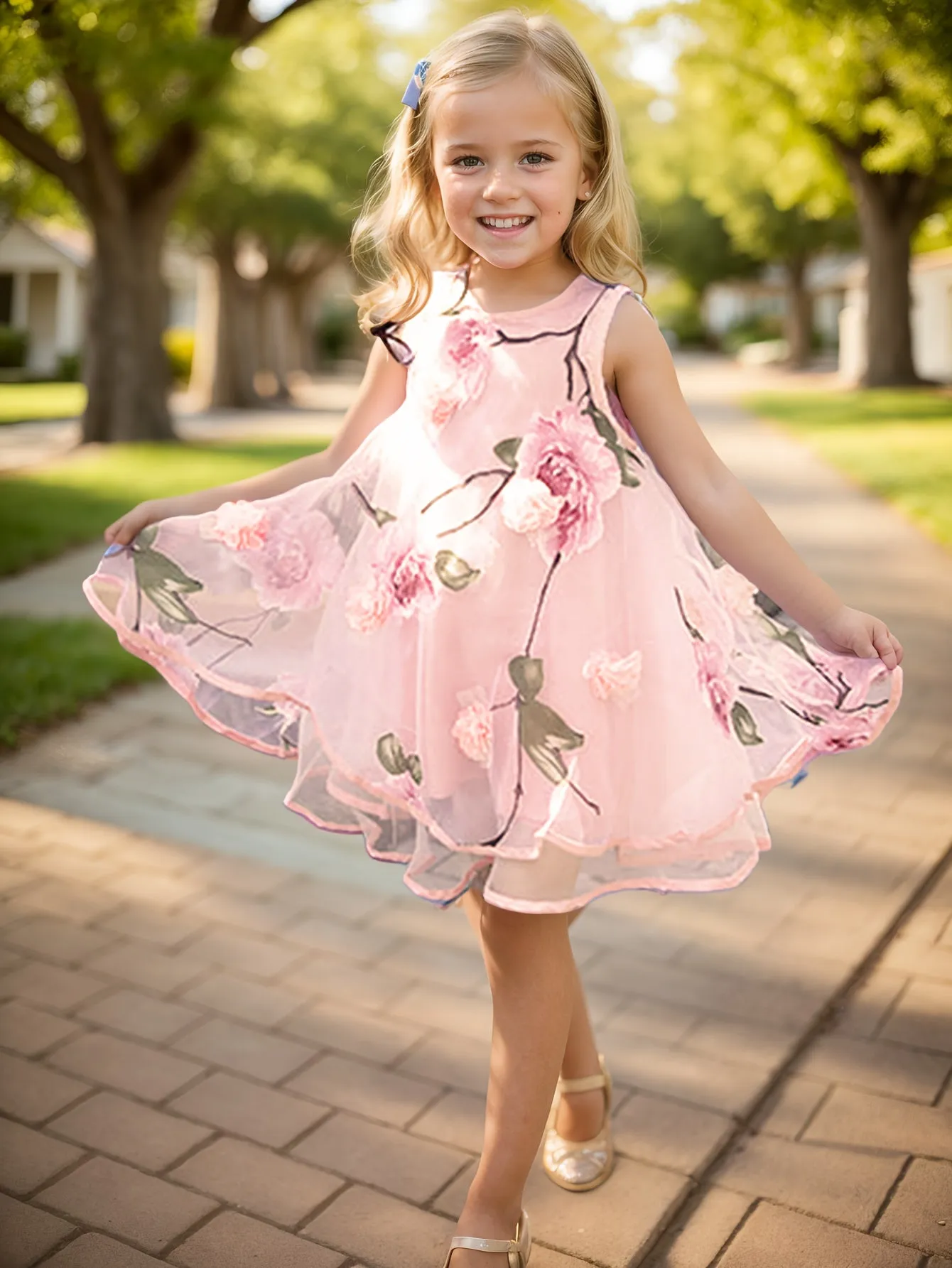 2-Layer Chiffon Sleeveless Floral Mesh Overlay Party Dress for Girls - Twist Details, Semi-Sheer, Loose Fit, Crew Neck, Brief Length, Non-Stretch Polyester, All-Season Wear, Casual Style - Perfect for Birthday and Summer Events