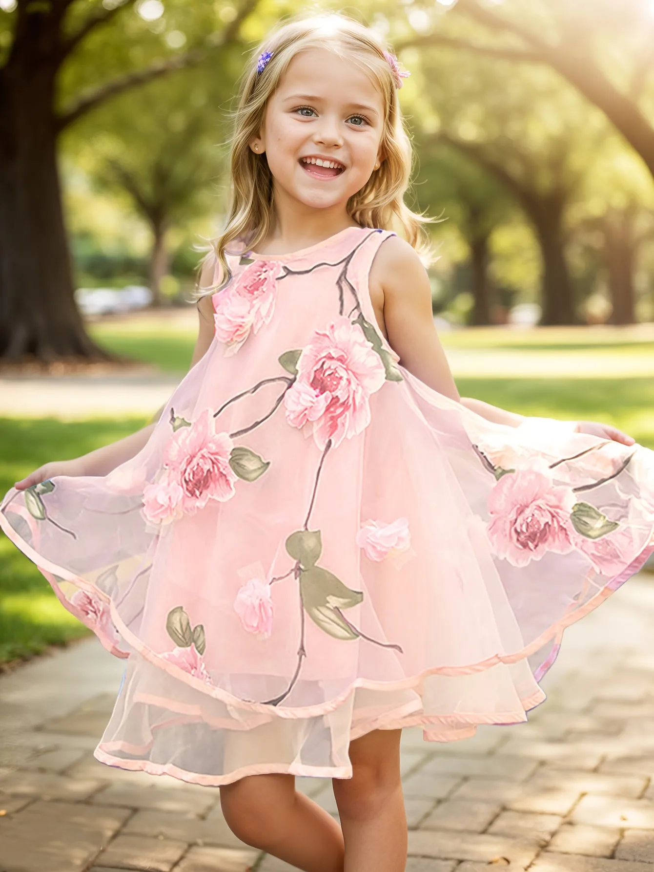 2-Layer Chiffon Sleeveless Floral Mesh Overlay Party Dress for Girls - Twist Details, Semi-Sheer, Loose Fit, Crew Neck, Brief Length, Non-Stretch Polyester, All-Season Wear, Casual Style - Perfect for Birthday and Summer Events