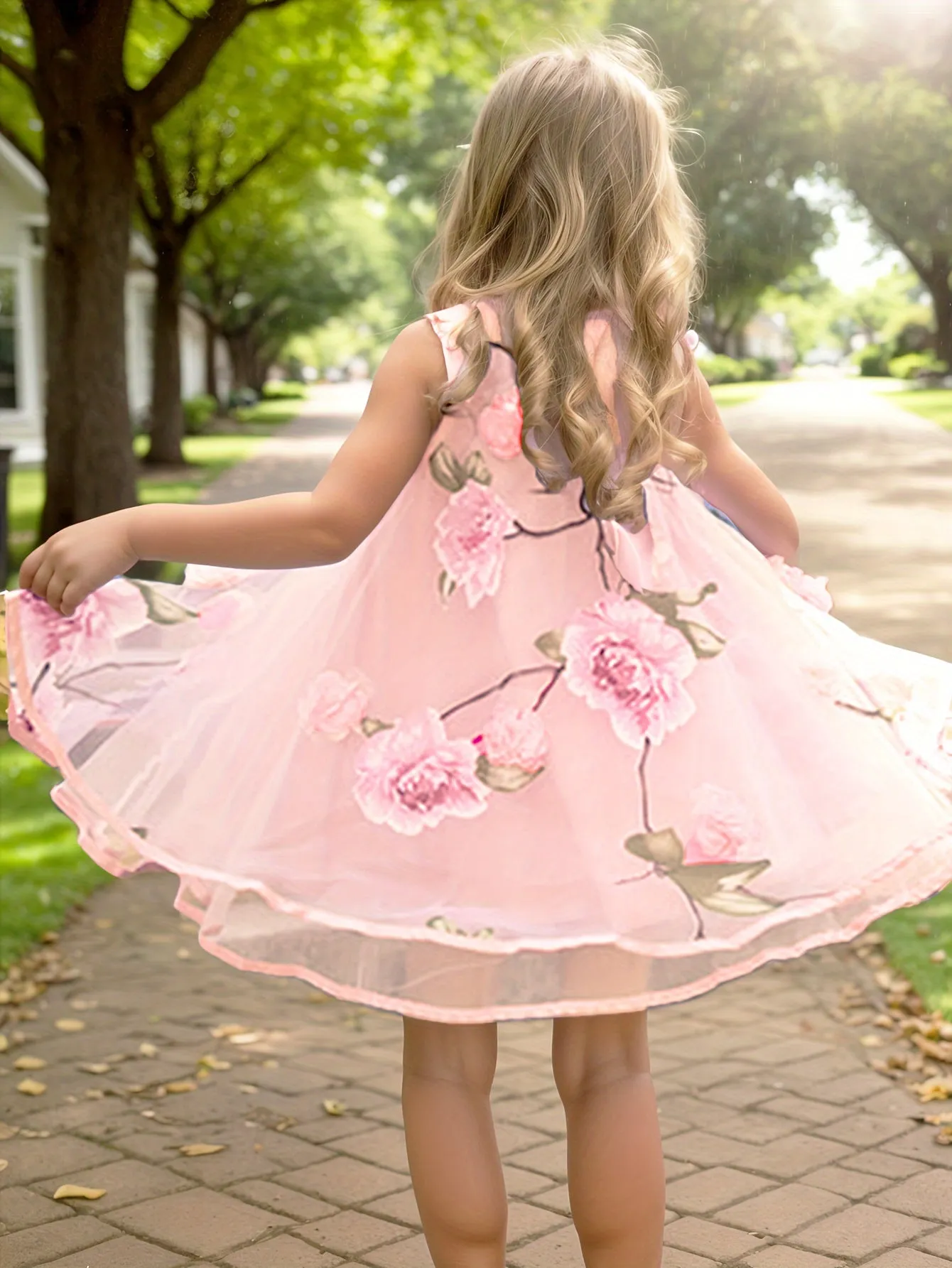 2-Layer Chiffon Sleeveless Floral Mesh Overlay Party Dress for Girls - Twist Details, Semi-Sheer, Loose Fit, Crew Neck, Brief Length, Non-Stretch Polyester, All-Season Wear, Casual Style - Perfect for Birthday and Summer Events