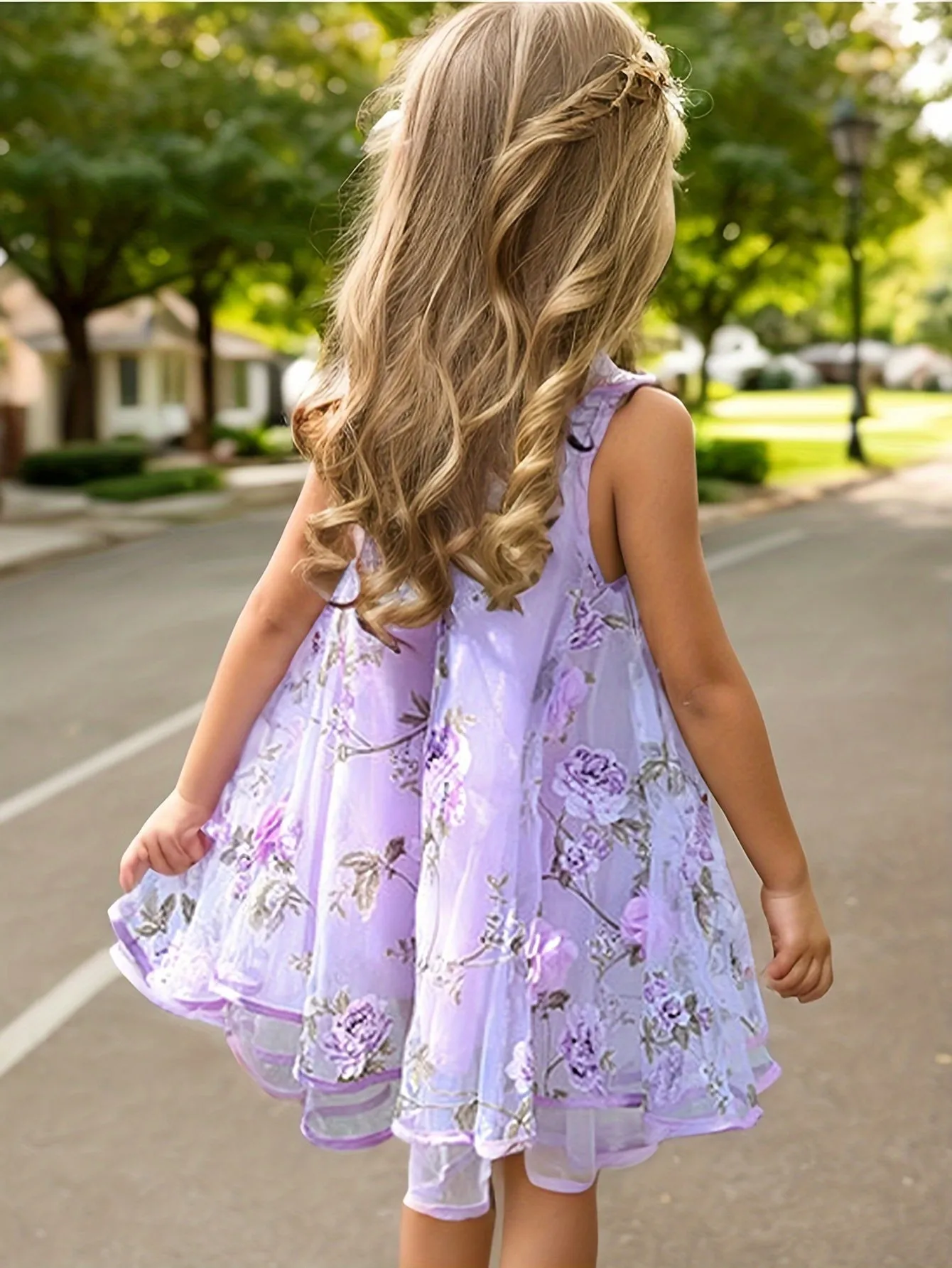 2-Layer Chiffon Sleeveless Floral Mesh Overlay Party Dress for Girls - Twist Details, Semi-Sheer, Loose Fit, Crew Neck, Brief Length, Non-Stretch Polyester, All-Season Wear, Casual Style - Perfect for Birthday and Summer Events