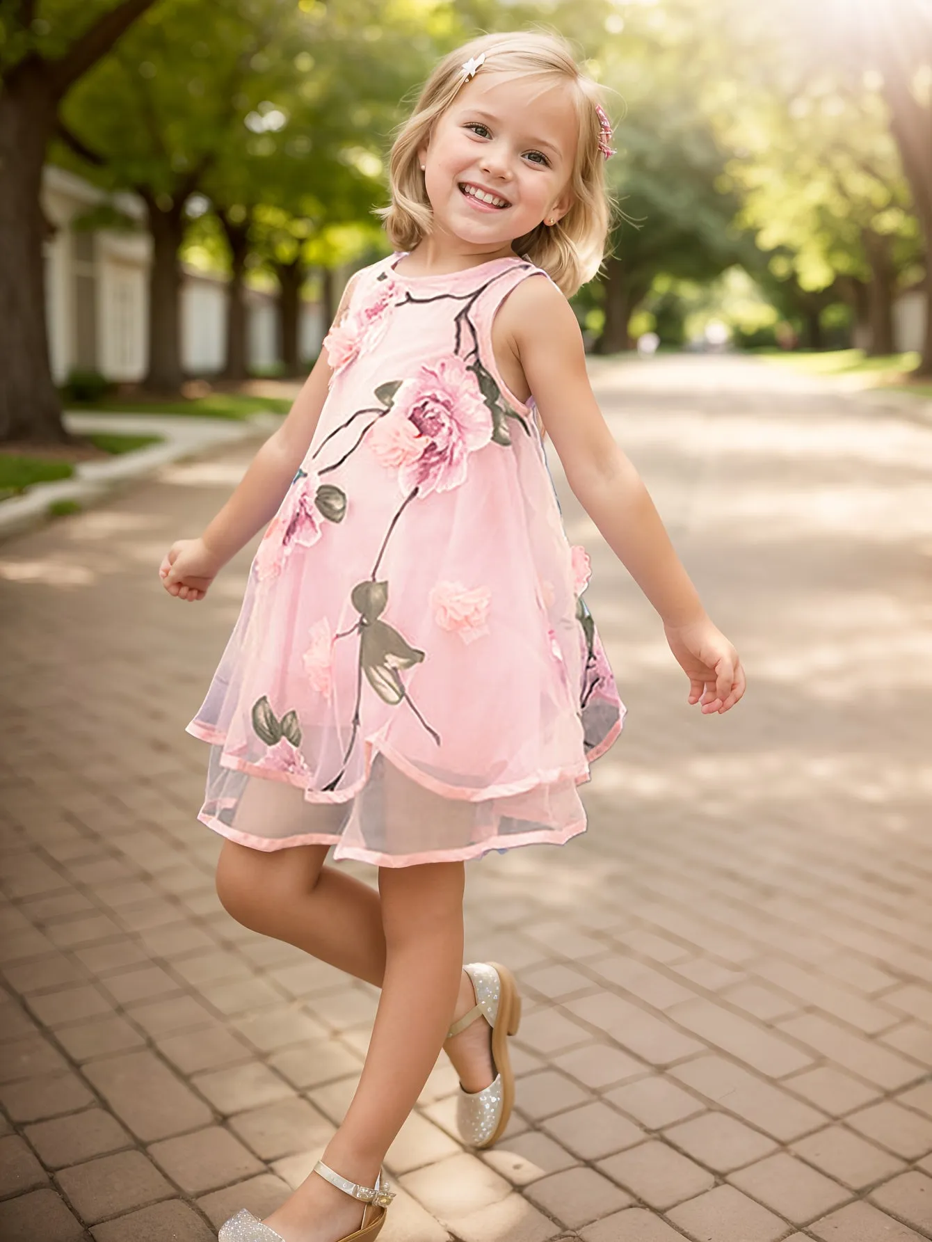2-Layer Chiffon Sleeveless Floral Mesh Overlay Party Dress for Girls - Twist Details, Semi-Sheer, Loose Fit, Crew Neck, Brief Length, Non-Stretch Polyester, All-Season Wear, Casual Style - Perfect for Birthday and Summer Events