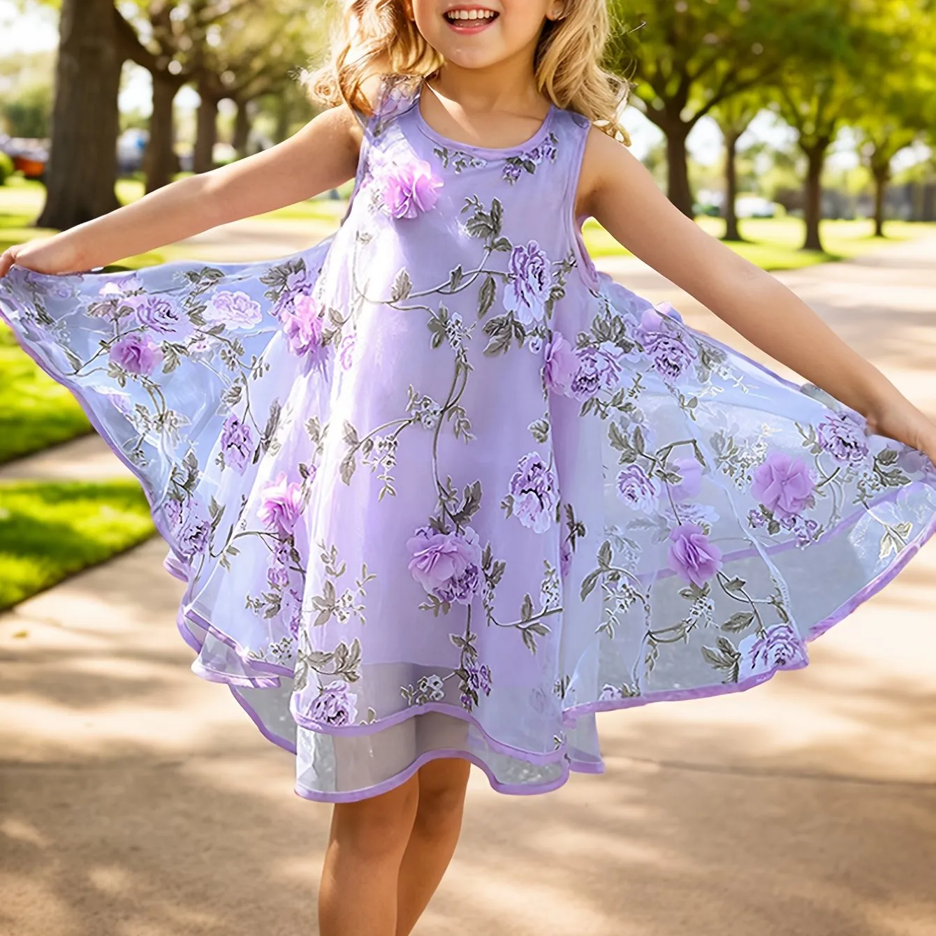 2-Layer Chiffon Sleeveless Floral Mesh Overlay Party Dress for Girls - Twist Details, Semi-Sheer, Loose Fit, Crew Neck, Brief Length, Non-Stretch Polyester, All-Season Wear, Casual Style - Perfect for Birthday and Summer Events