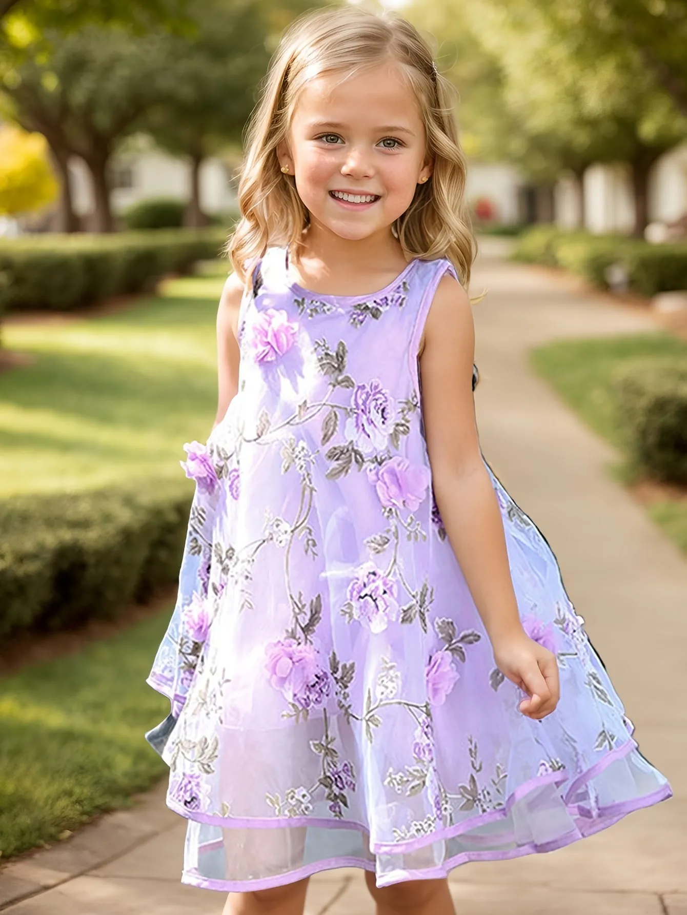 2-Layer Chiffon Sleeveless Floral Mesh Overlay Party Dress for Girls - Twist Details, Semi-Sheer, Loose Fit, Crew Neck, Brief Length, Non-Stretch Polyester, All-Season Wear, Casual Style - Perfect for Birthday and Summer Events
