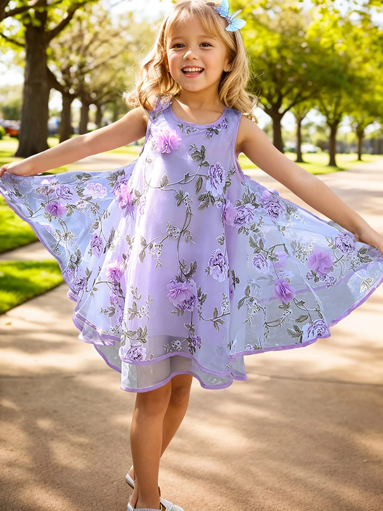2-Layer Chiffon Sleeveless Floral Mesh Overlay Party Dress for Girls - Twist Details, Semi-Sheer, Loose Fit, Crew Neck, Brief Length, Non-Stretch Polyester, All-Season Wear, Casual Style - Perfect for Birthday and Summer Events