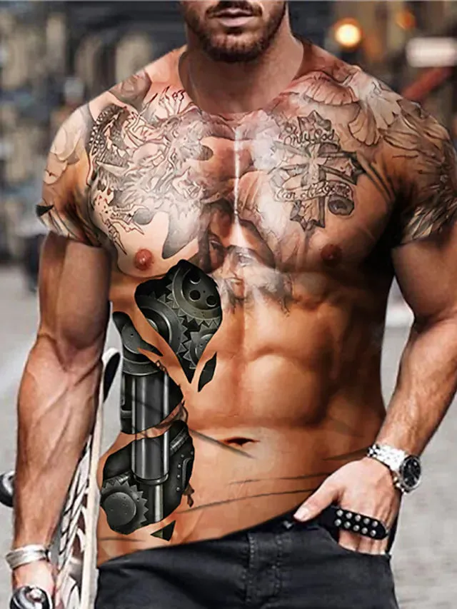 3D Graphic Printed Short Sleeve Shirts Muscle Crew
