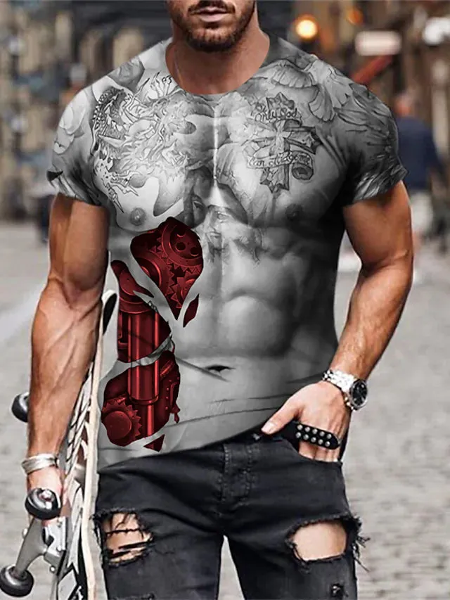 3D Graphic Printed Short Sleeve Shirts Muscle Crew
