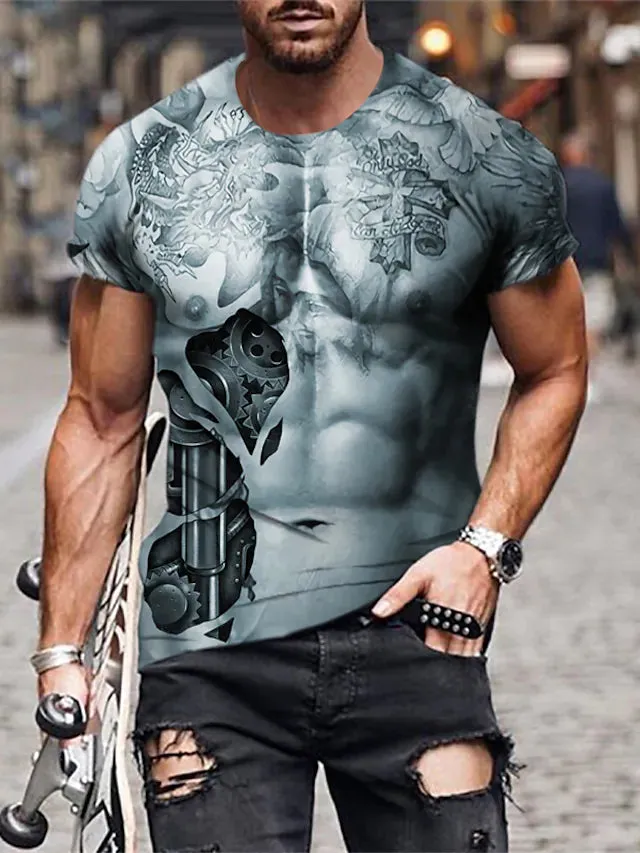 3D Graphic Printed Short Sleeve Shirts Muscle Crew