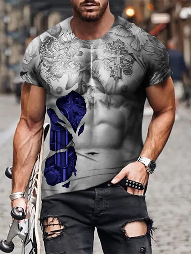 3D Graphic Printed Short Sleeve Shirts Muscle Crew