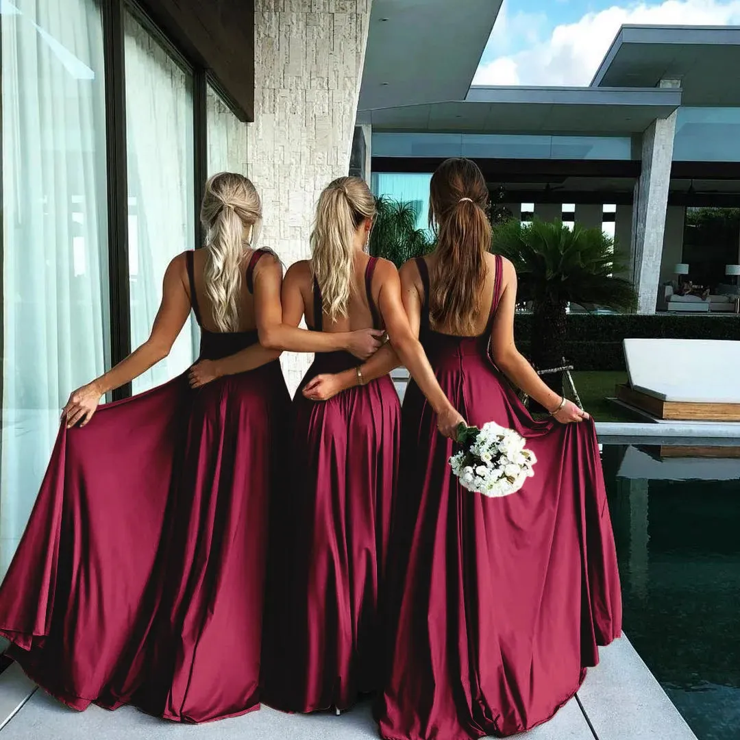 9 Colors Bridesmaid Dresses Women Sister Group Dress Sexy Split V Neck Backless Sleeveless Formal Wedding Evening Party Gowns