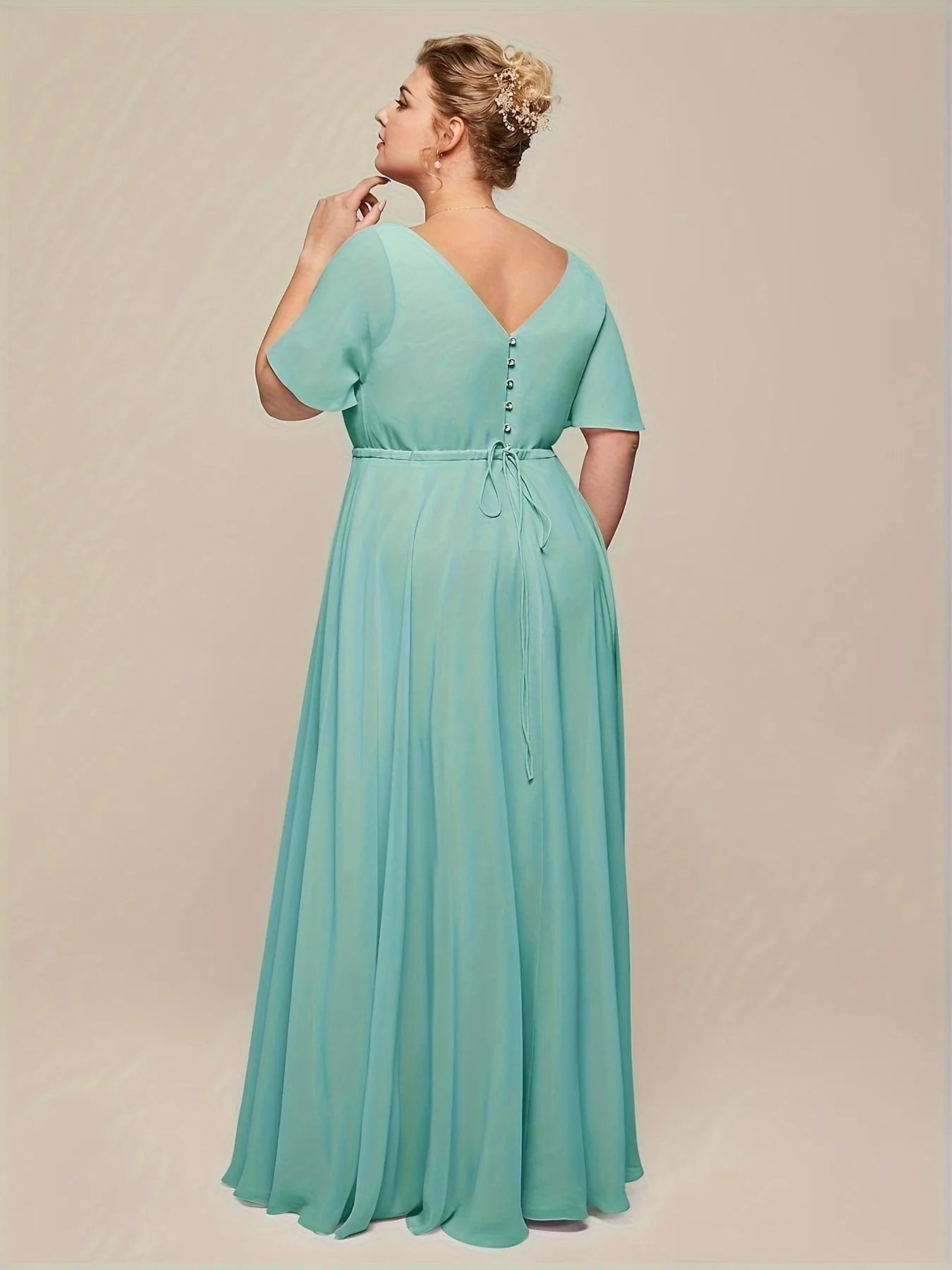 ALICEPUB Wrap V-Neck Bridesmaid Dress Chiffon Long Maxi Formal Dress For Women Party Evening Short Sleeves