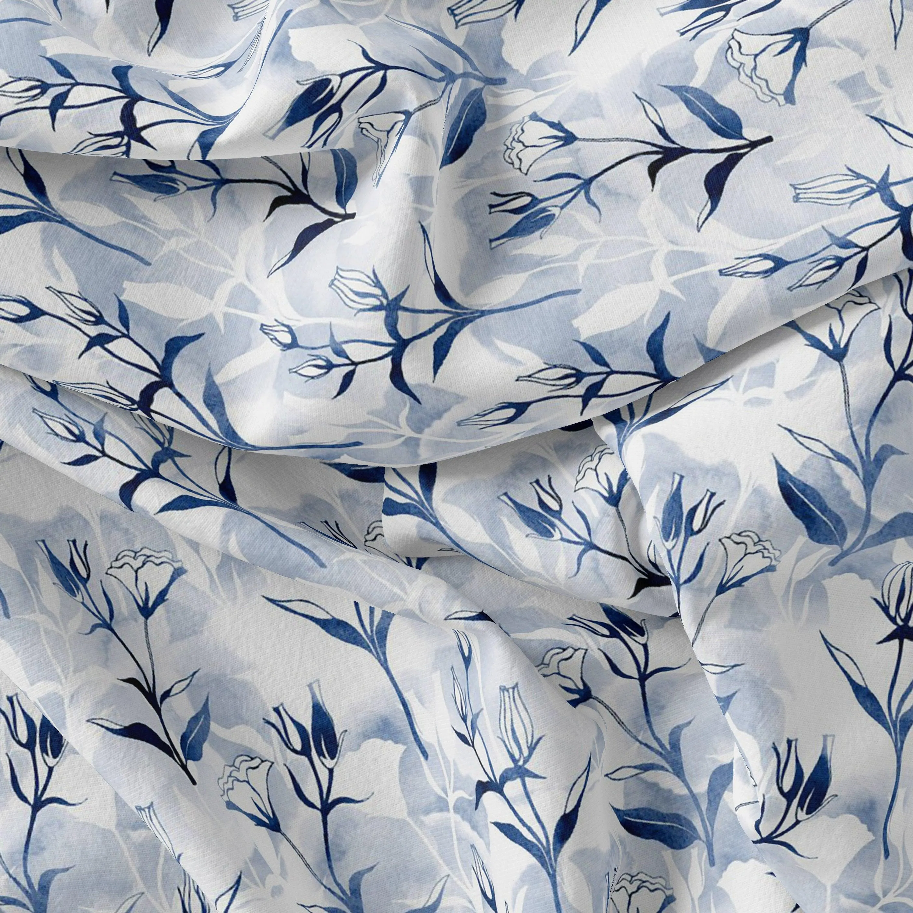 Attractive Blue Bud Water Paint Shadow Digital Printed Fabric
