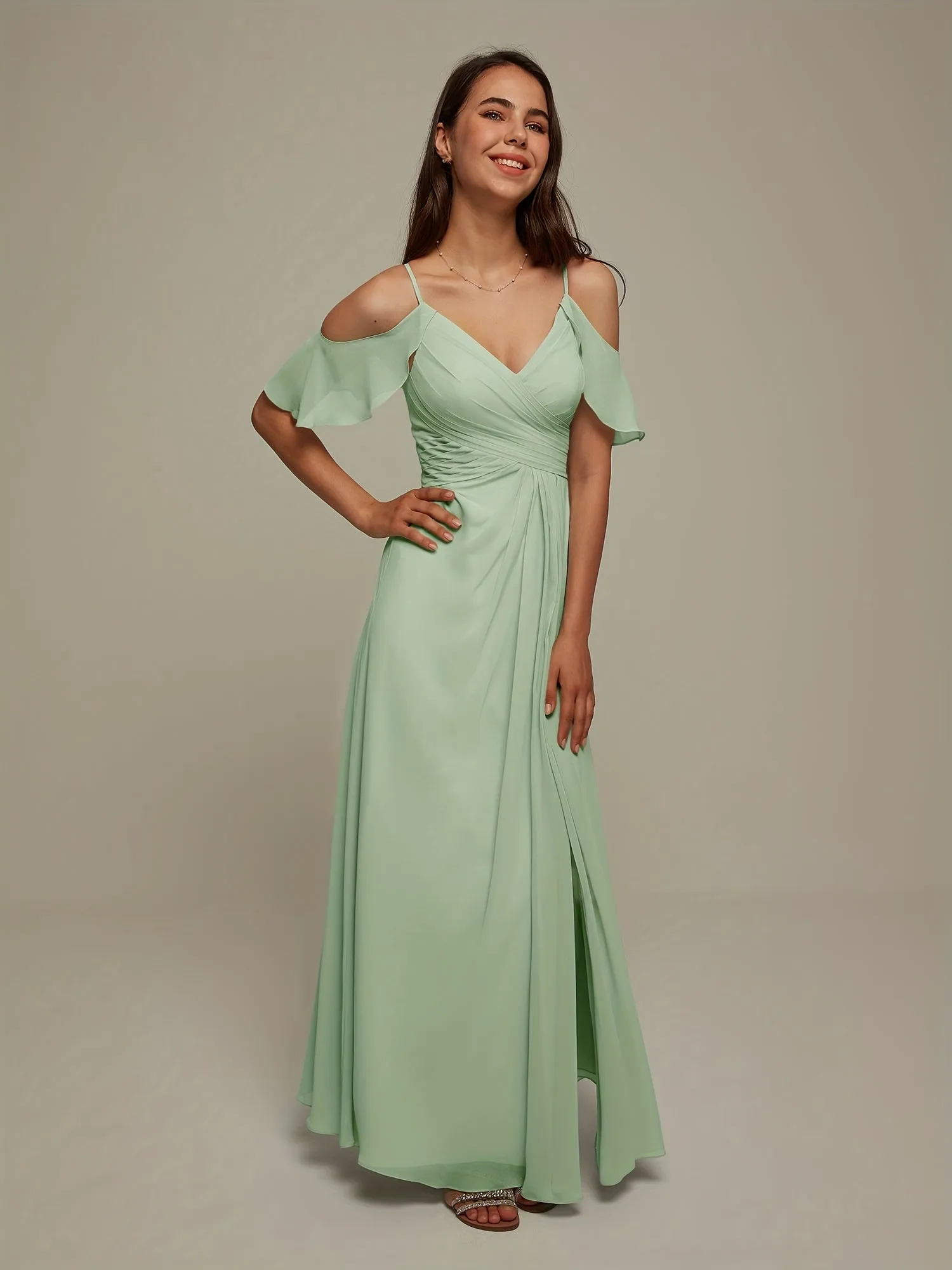 AW BRIDAR Cold Shoulder Chiffon Long Bridesmaid Dress Women's Party Wedding Large Ball Dress