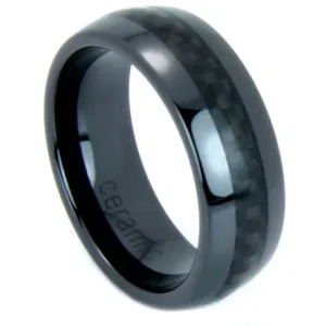 Black Wedding Band 8mm Black Carbon Fiber Dome Ring High Tech Ceramic Size 7 - 13