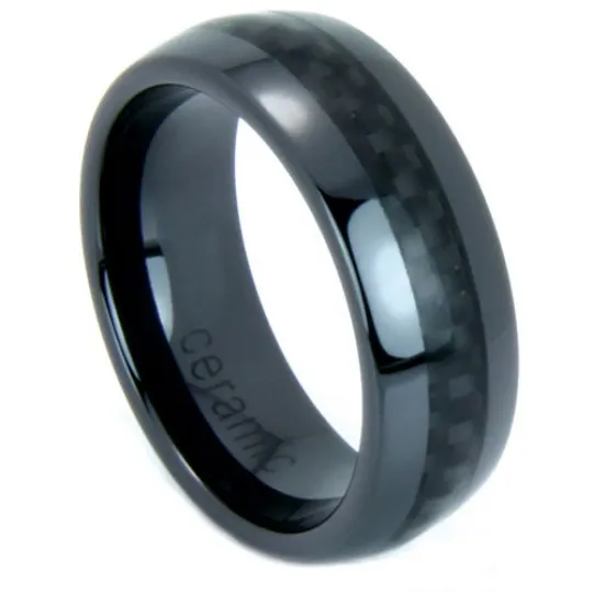 Black Wedding Band 8mm Black Carbon Fiber Dome Ring High Tech Ceramic Size 7 - 13