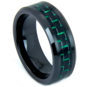 Black Wedding Band Green Carbon Fiber 8mm Beveled Edge Ring High Tech Ceramic 7 - 13