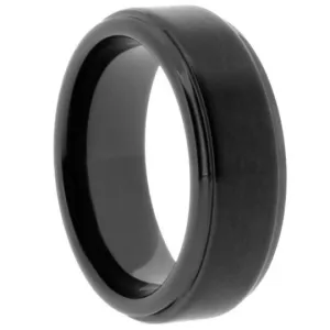 Black Wedding Bands 8mm High Tech Ceramic Matte Step Down Edges Sz 6 -13 & Half Sizes