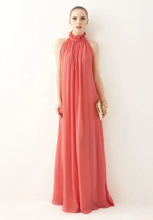 Bohemian Maxi Dress   Hot Halter Stand Collar Chiffon Sexy Dress Extra Long Formal Dress