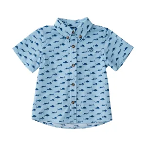Boys' Short Sleeve Fishing Shirt in Fish Print on Clear Sky Blue