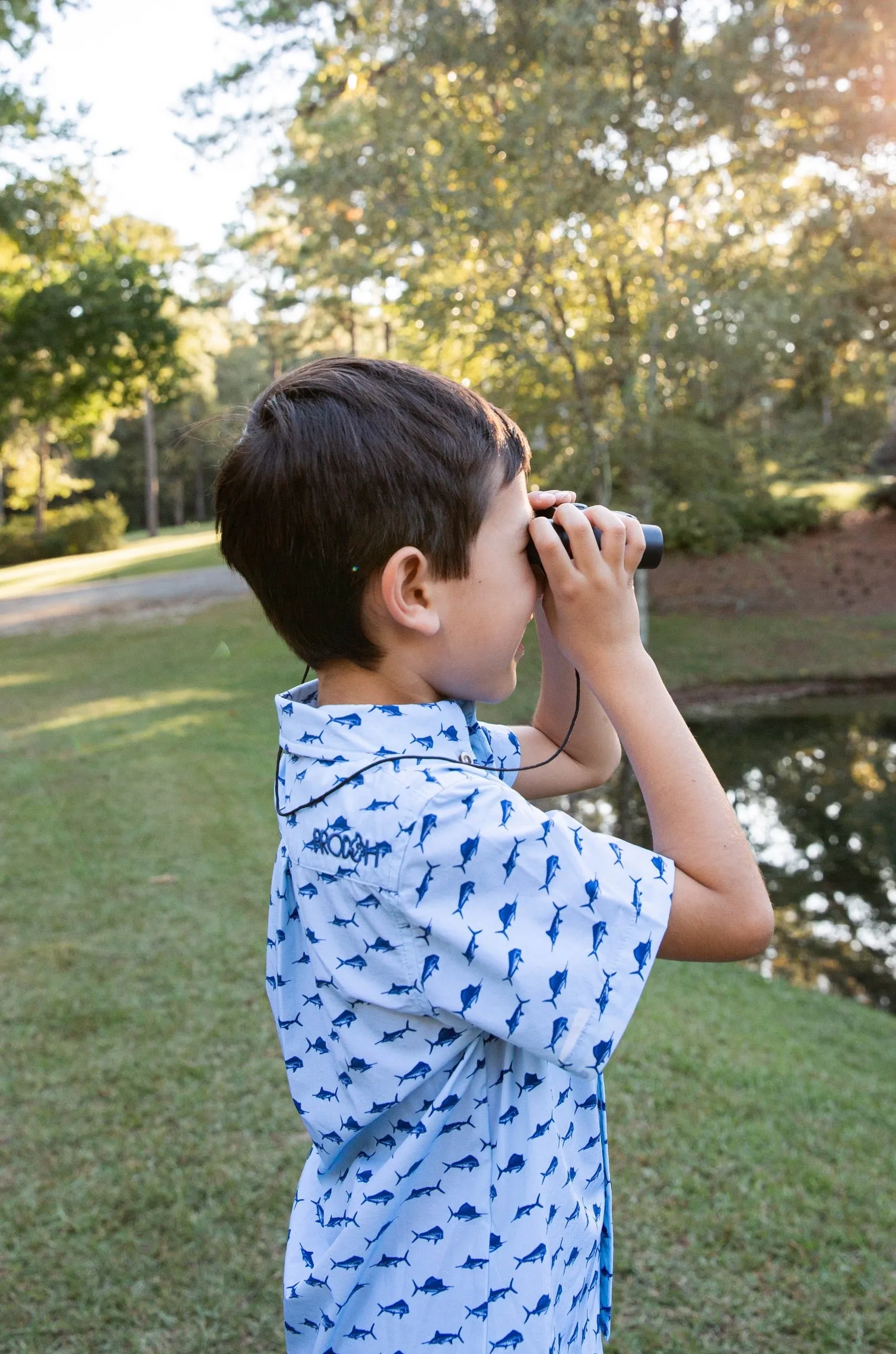 Boys' Short Sleeve Fishing Shirt in Fish Print on Clear Sky Blue