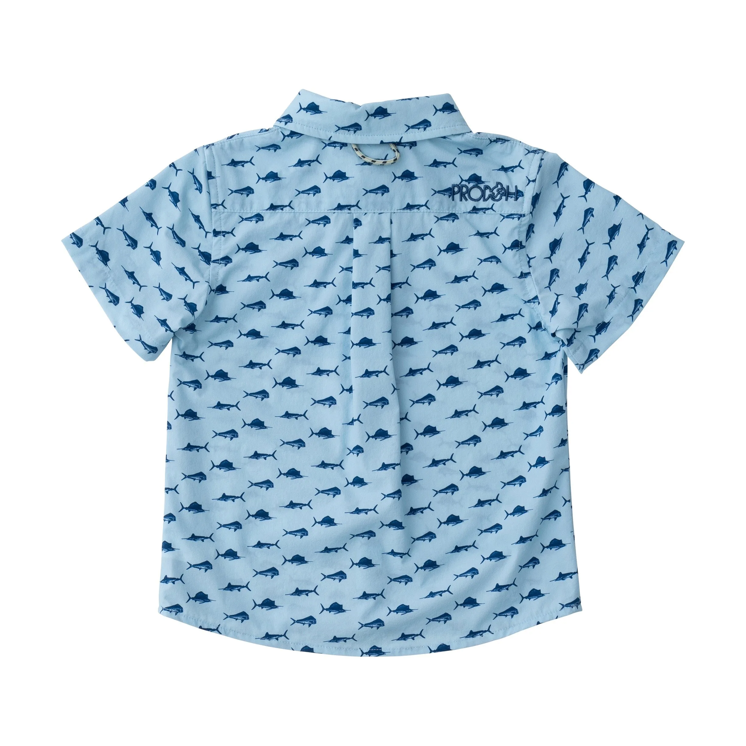 Boys' Short Sleeve Fishing Shirt in Fish Print on Clear Sky Blue
