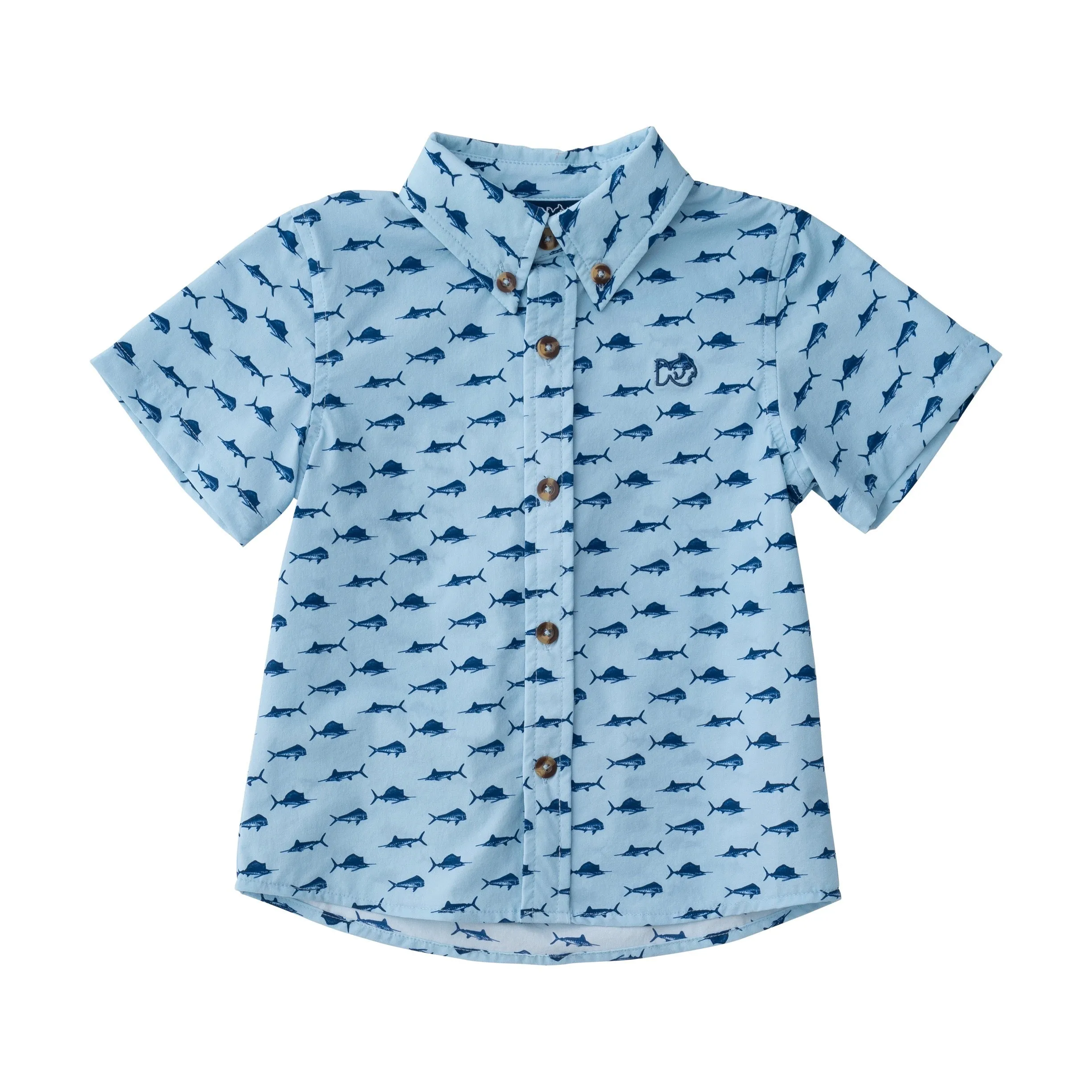 Boys' Short Sleeve Fishing Shirt in Fish Print on Clear Sky Blue