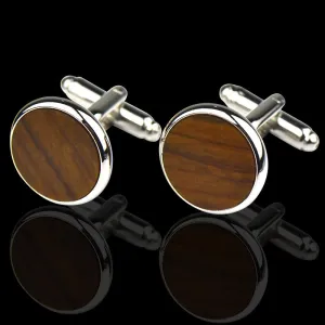 Brown On Silver Mens Stainless Steel Round Cufflinks for Shirt with Box - Hand Crafted Perfect Gift