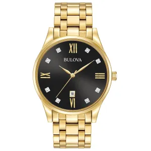 Bulova Men's Diamonds Black Dial Yellow Gold Plated Steel Bracelet Watch 97D108