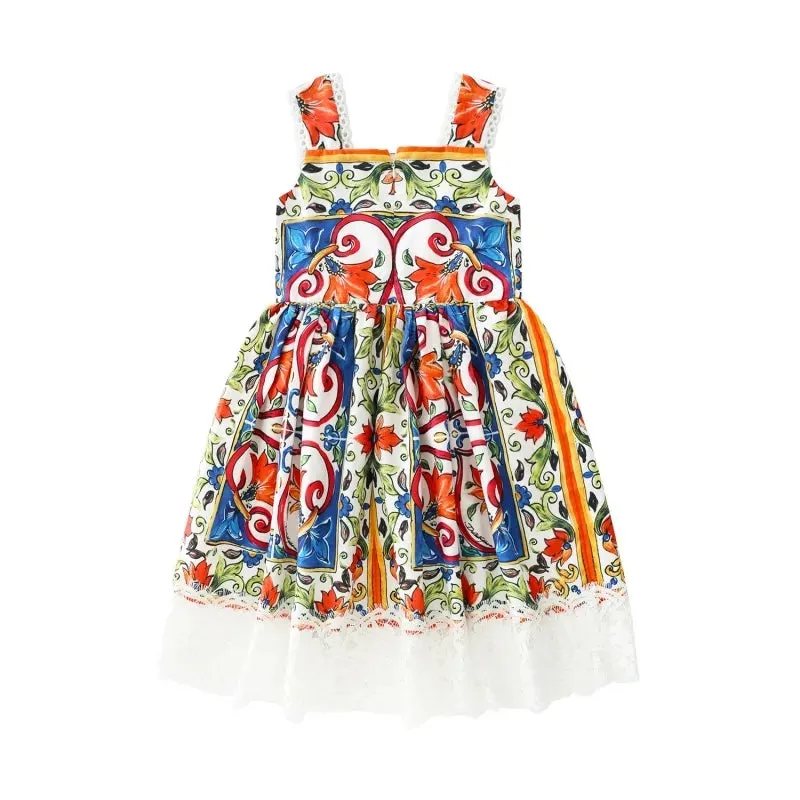Children's Dress Summer Girls printing suspenders Dress European and American baby children clothing