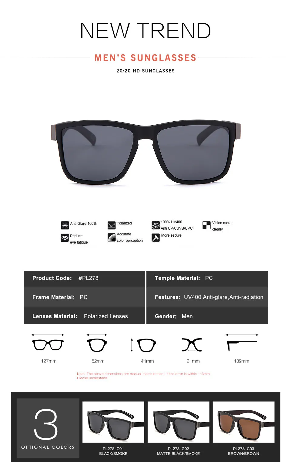 Classic Black Frame Polarized Sunglasses PL278