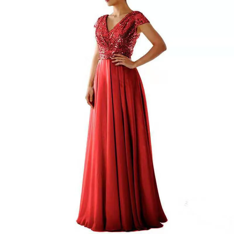 CREAMTOPMALL Hot trade dress skirt women's elegant sequined chiffon splicing evening dress 2025 texture V-neck dress