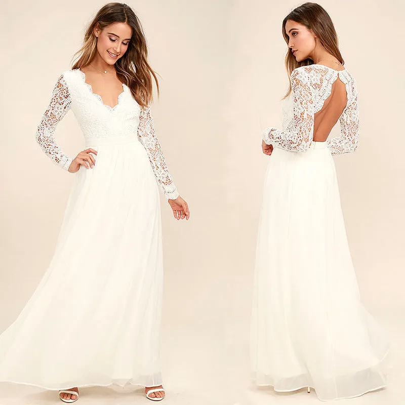 CREAMTOPMALL Niche  high-end white princess dress lace edge V-neck mesh hollow long dress chiffon bridesmaid clothes