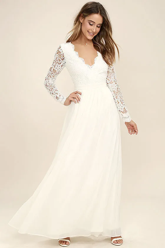 CREAMTOPMALL Niche  high-end white princess dress lace edge V-neck mesh hollow long dress chiffon bridesmaid clothes