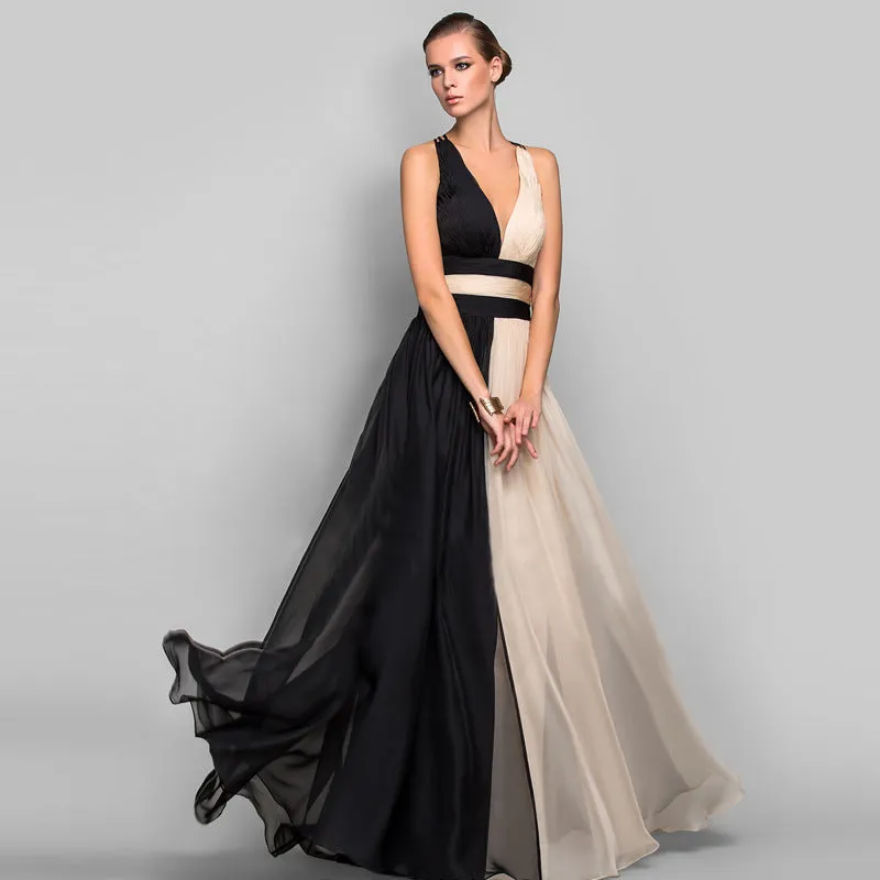 CREAMTOPMALL Russian dress high-end temperament chiffon color matching evening dress sleeveless v-neck backless 2025 big pendulum women's long dress