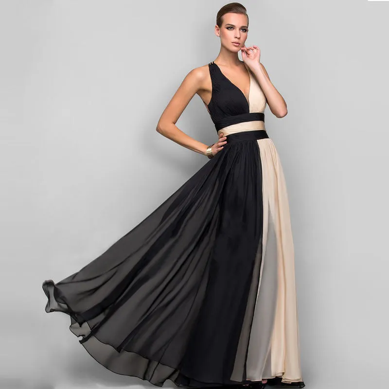 CREAMTOPMALL Russian dress high-end temperament chiffon color matching evening dress sleeveless v-neck backless 2025 big pendulum women's long dress