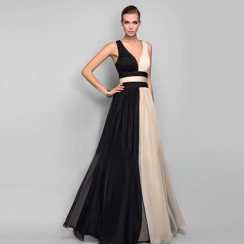 CREAMTOPMALL Russian dress high-end temperament chiffon color matching evening dress sleeveless v-neck backless 2025 big pendulum women's long dress