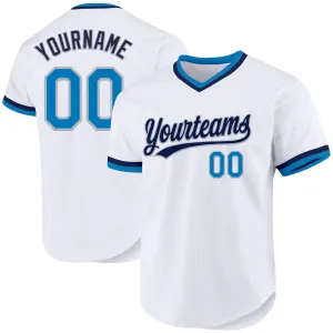 Custom White Blue Gray-Navy Authentic Throwback Baseball Jersey