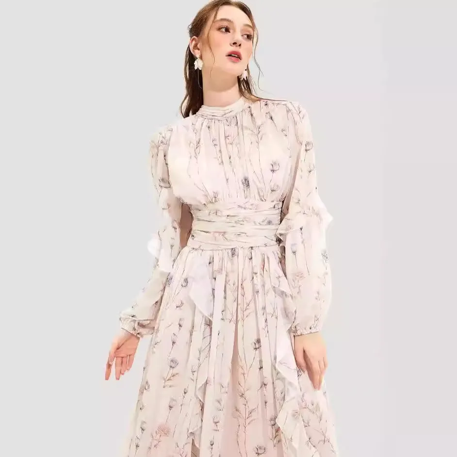 FLOWERSVERSE 2025 cross-border new autumn and winter fashion chiffon printed lotus leaf edge temperament long-sleeved evening dress dress