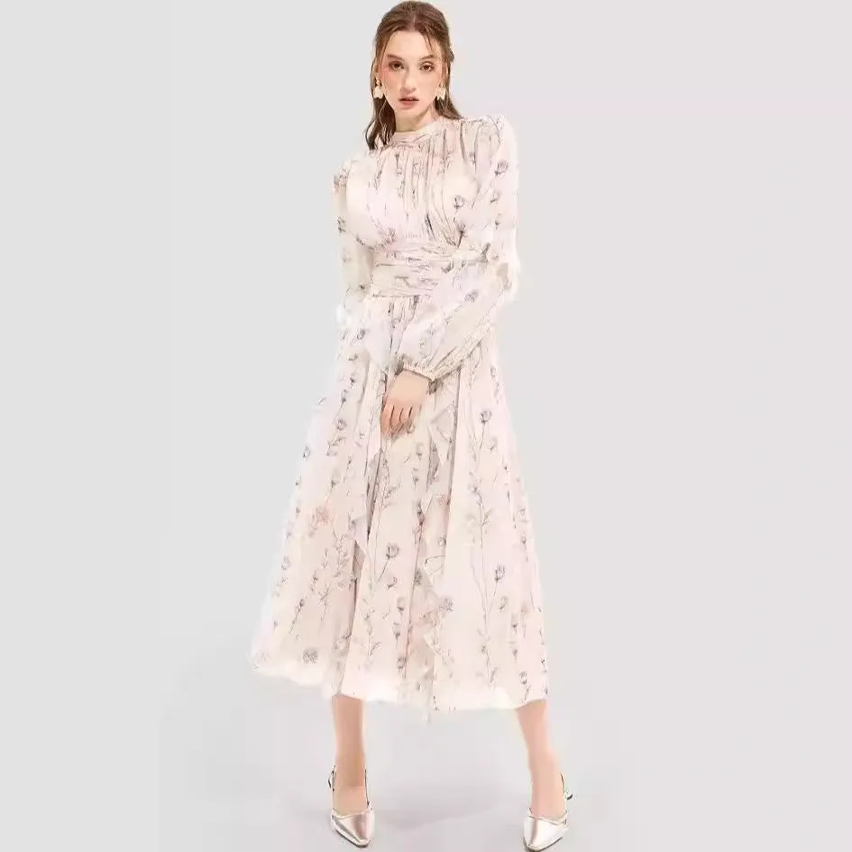 FLOWERSVERSE 2025 cross-border new autumn and winter fashion chiffon printed lotus leaf edge temperament long-sleeved evening dress dress