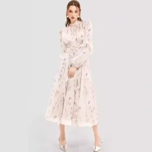 FLOWERSVERSE 2025 cross-border new autumn and winter fashion chiffon printed lotus leaf edge temperament long-sleeved evening dress dress
