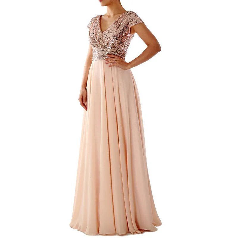 FLOWERSVERSE  spring and summer new Popular trade dress wish  V-neck chiffon splicing evening dress New women's clothing