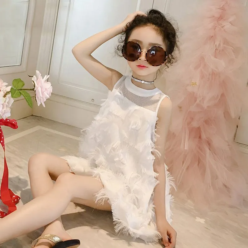 Girls' Dress Summer Internet Celebrity Children's Feathered Dress Baby Skirt Trendy Gauze Skirt Medium and Big Children's Chiffon Princess Dress