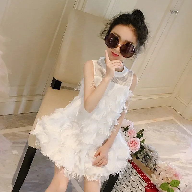 Girls' Dress Summer Internet Celebrity Children's Feathered Dress Baby Skirt Trendy Gauze Skirt Medium and Big Children's Chiffon Princess Dress