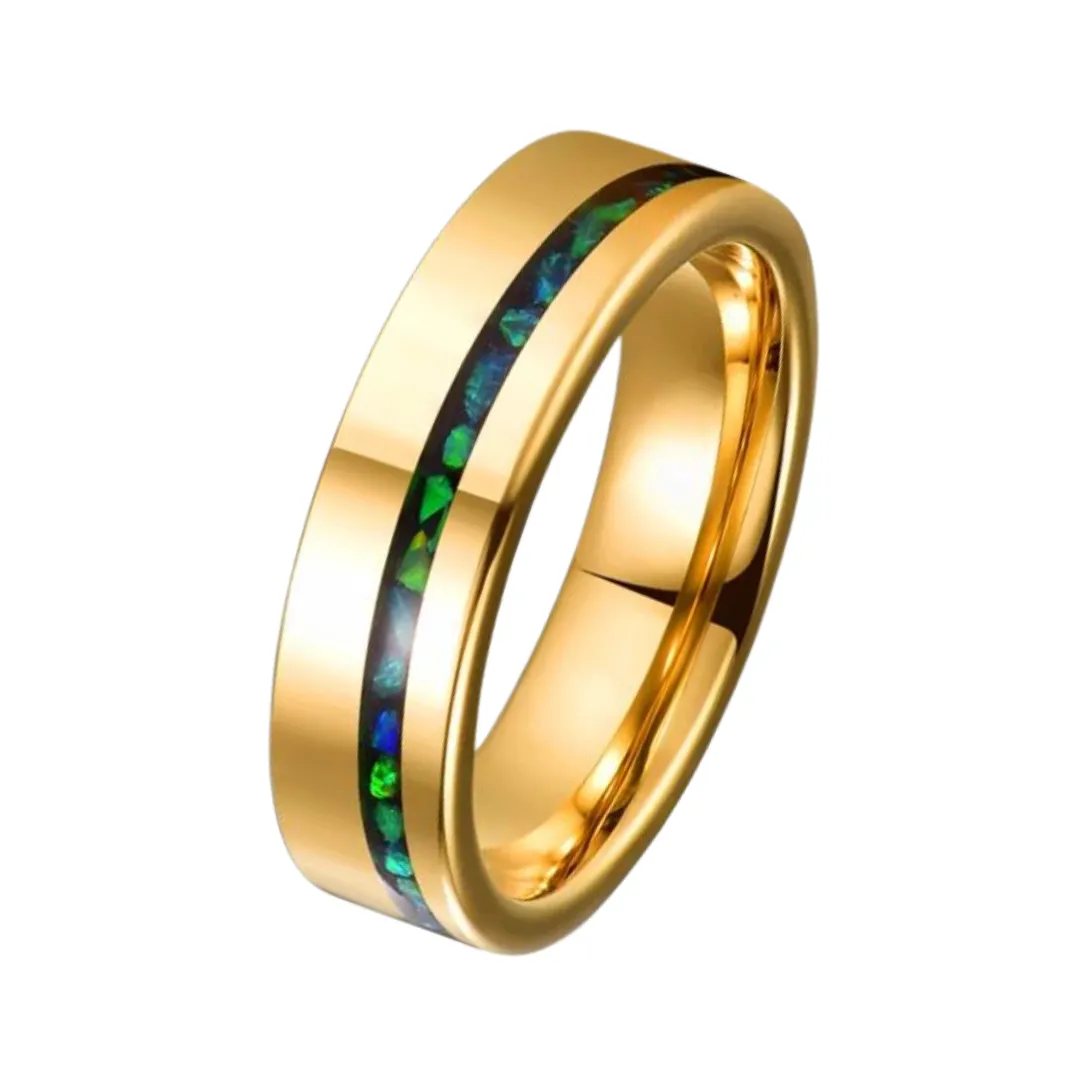 Green Opal Inlay Yellow Gold Tungsten Carbide Men's Ring