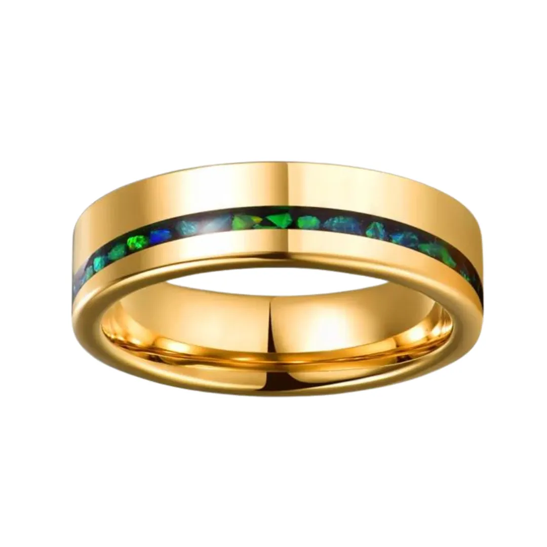 Green Opal Inlay Yellow Gold Tungsten Carbide Men's Ring