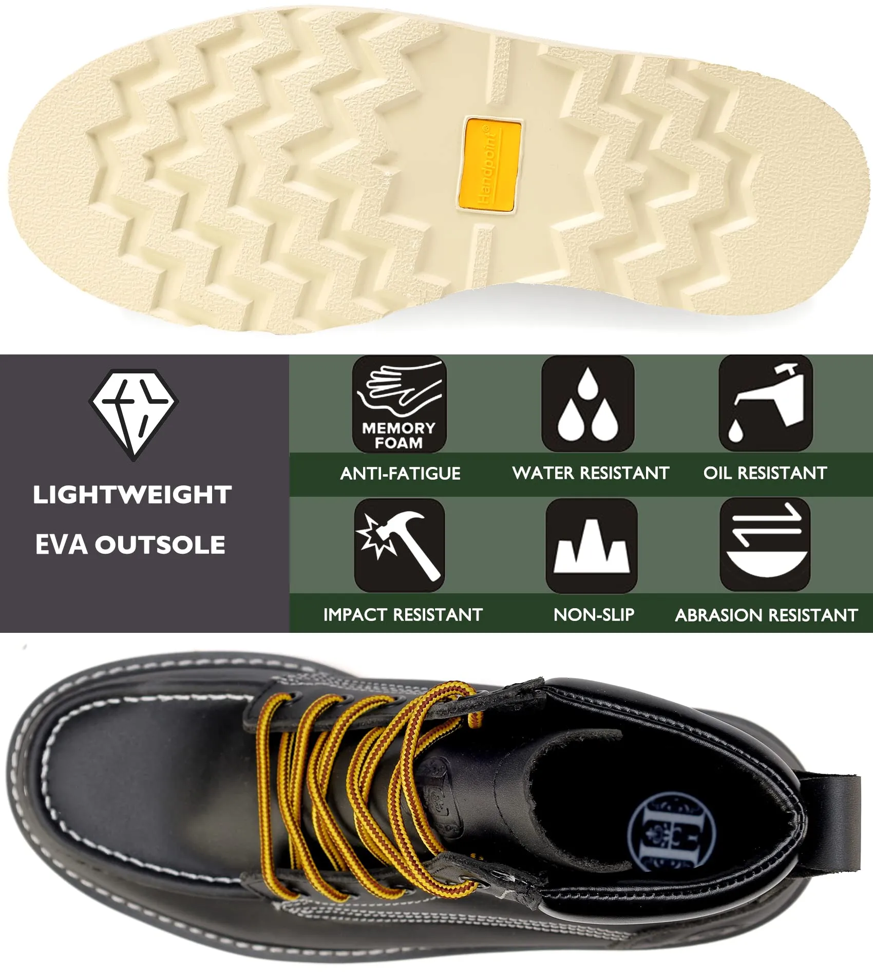 HVB 304 Men's 6" Soft Toe Non-Slip Water Resistant for Construction with Durable Rubber EVA Outsole Work Boots