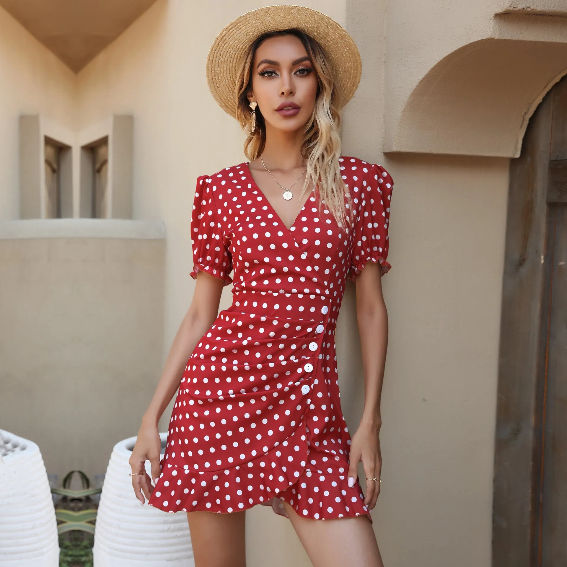 IKEARLAX 2023 summer  ruffle edge dress  cross-border  temperament chiffon polka dot V-neck skirt