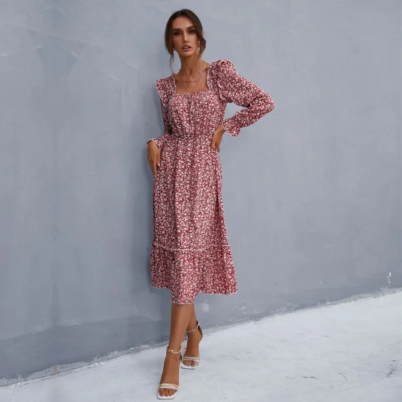 IKEARLAX  autumn   dress floral square neck long-sleeved chiffon ruffle edge medium and long floral skirt