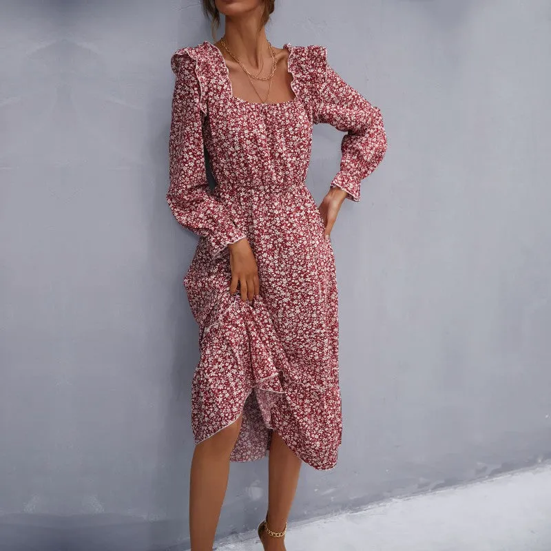 IKEARLAX  autumn   dress floral square neck long-sleeved chiffon ruffle edge medium and long floral skirt