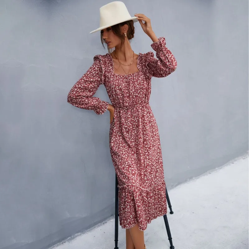 IKEARLAX  autumn   dress floral square neck long-sleeved chiffon ruffle edge medium and long floral skirt